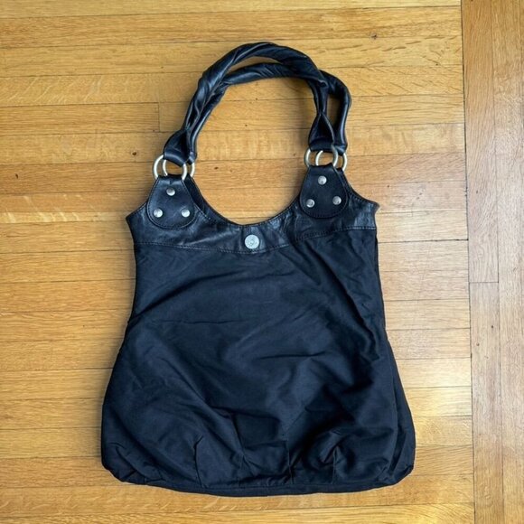 Nordstrom Made in Italy Black Genuine Leather Silver Hardware Tote Shoulder Bag - Picture 3 of 11